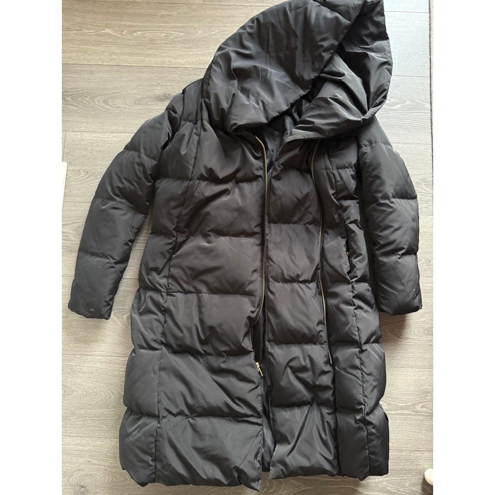 Cole Haan Signature‎ Women Black Puffer Coat Hooded Full Zip Long Down Feather